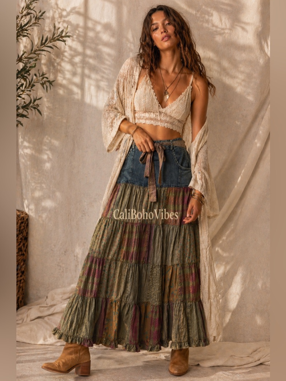 Boho Tiered Maxi Skirt in Olive Patchwork